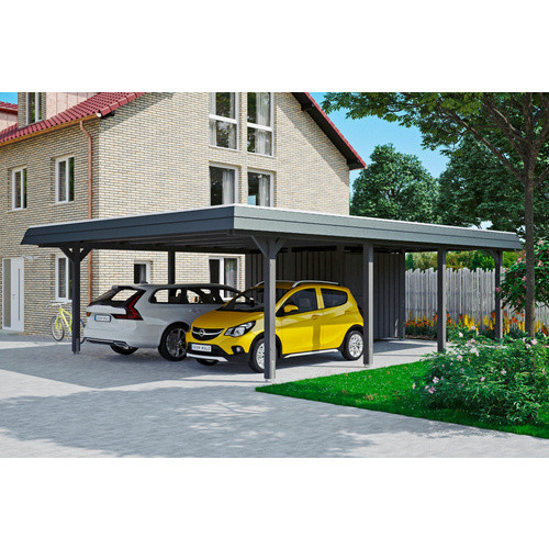 Skan Holz Doppelcarport Wendland mit Anbau in Schiefergrau mit schwarzem EPDM-Dach, Breite: 630 cm, Tiefe: 879 cm, Höhe: 253 cm - Bild 2
