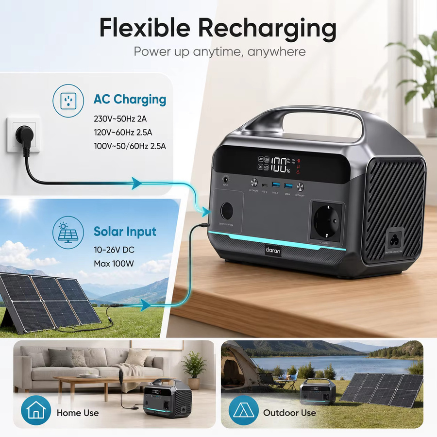 Tragbare Powerstation Daran NEO300L in Schwarz mit 288Wh Kapazität, 350W Leistung und 600W Spitzenleistung, inklusive 230V Ausgang und PD Schnellladung via USB-C für Camping und Notfälle - Bild 4