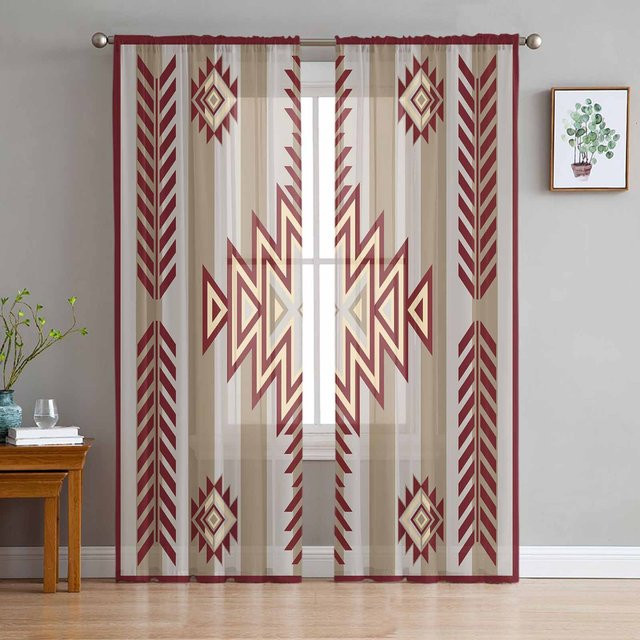 Böhmische Azteken Vorhänge im Landhausstil, Transparentes Tüll-Voile-Fensterdekoration für Wohnzimmer und Küche, Farbe: Braun/Rot, Breite: 135 cm, Höhe: 115 cm - Bild 1