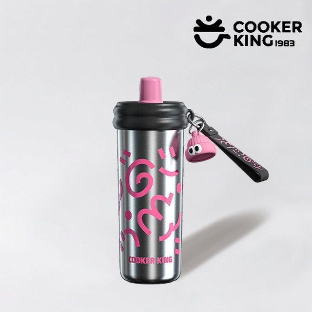 COOKER KING Thermosbecher mit Graffiti-Design und Strohhalm, 600 ml, Silber, isolierter Edelstahlbecher mit Filter für Outdoor und Camping - Bild 1