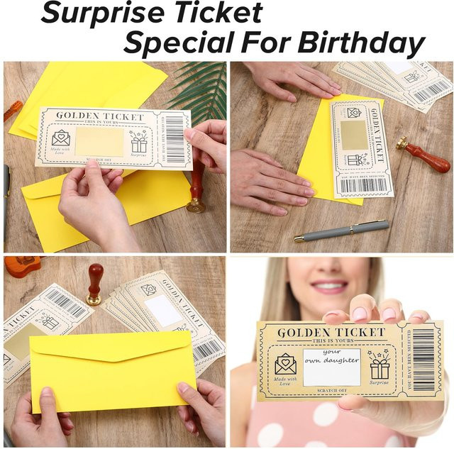 3er-Set Goldene Ticket Scratch Karten mit Umschlägen als Überraschungs-Geschenk für Erwachsene in Gold - Bild 1