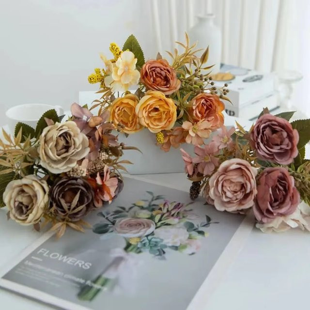 XIAOYINMO Künstliche Seiden-Rosen und Pfingstrosen in Multicolour für Hochzeits-Brautstrauß, Tischdekoration und Garten-Kranz - Bild 1