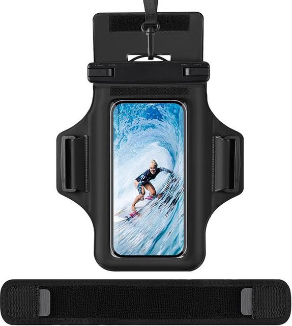 Wasserdichte Handy Tasche von Weft als Universal Armtasche für Sport, Schwimmen und Tauchen, Farbe: Schwarz/Transparent, passend für Smartphones bis 6,9 Zoll - Bild 1