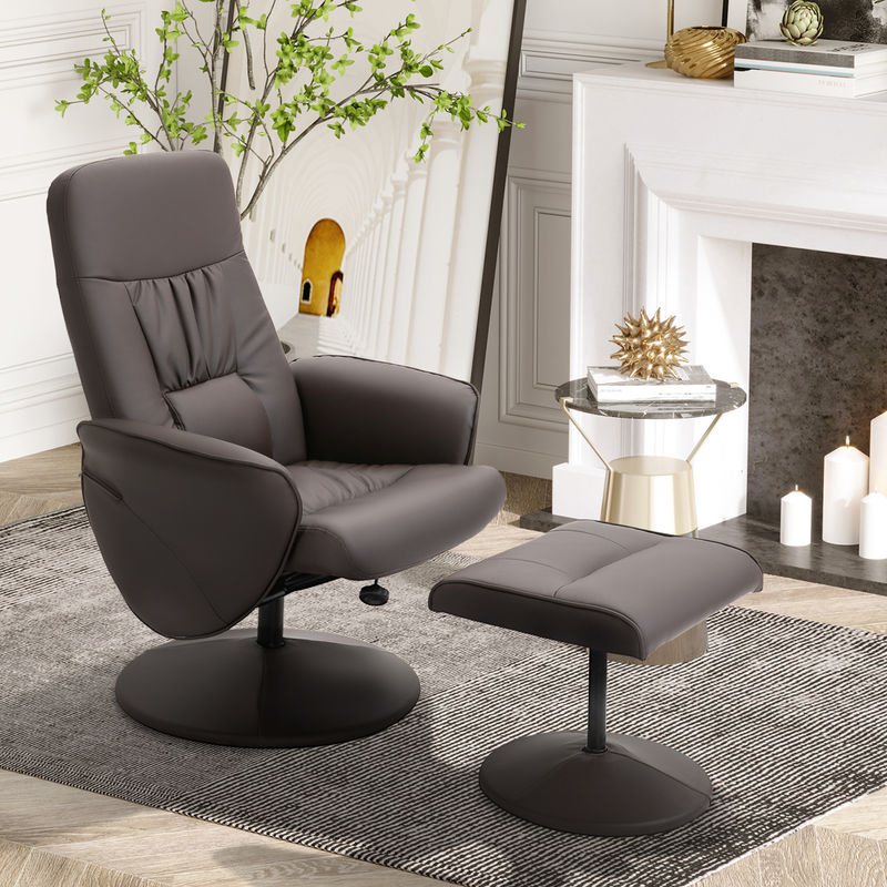HOMCOM Relaxsessel mit Hocker in Braun, drehbarer Polstersessel mit Liegefunktion aus Kunstleder für Wohnzimmer und Schlafzimmer - Bild 2