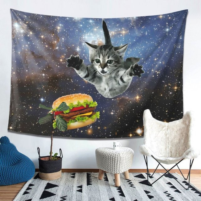 VIKAMA Space Cat Burger Wandteppich mit psychedelischem Katzen-Motiv in Multicolour - Bild 1