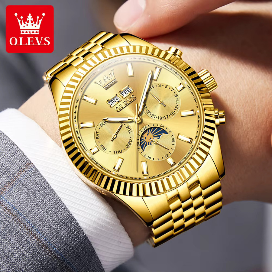 OLEVS Armbanduhr Automatik, Mondphase, Doppelkalender, Gold, Edelstahl, Herren - Bild 3