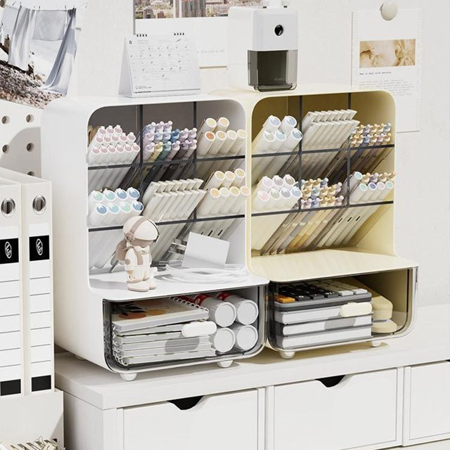 Durchsichtiger Stifthalter aus Kunststoff in Beige mit mehreren Fächern als platzsparender Desktop-Organizer für Büro und Schule - Bild 1