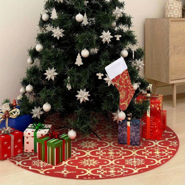 VIKAMA Weihnachtsbaumrock mit Schneeflocken-Print in Rot, runder Baumrock für eine festliche Dekoration - Bild 1