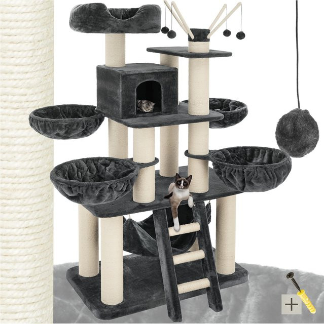 tectake Kratzbaum mit Katzenhaus, Hängematte und Spielzeug, Plüsch, Grau-Weiß, H x B x T: 195 x 79 x 57,2 cm - Bild 1
