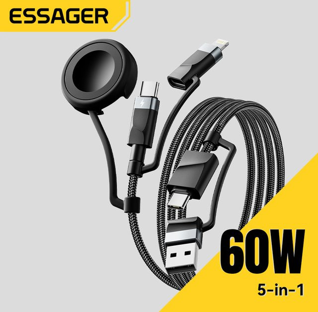 Essager 5-in-1 Magnetisches Ladegerät in Schwarz mit USB-C und Lightning-Kabel für iPhone 16 15 Pro Max, Huawei, iWatch 8, MacBook und iPad - Bild 1