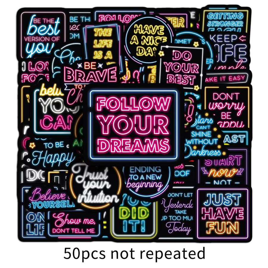 50 Stück Motivations-Aufkleber mit englischen Zitaten in Neon-Optik von AufnahmeYourLife Store, Multicolor - Bild 4