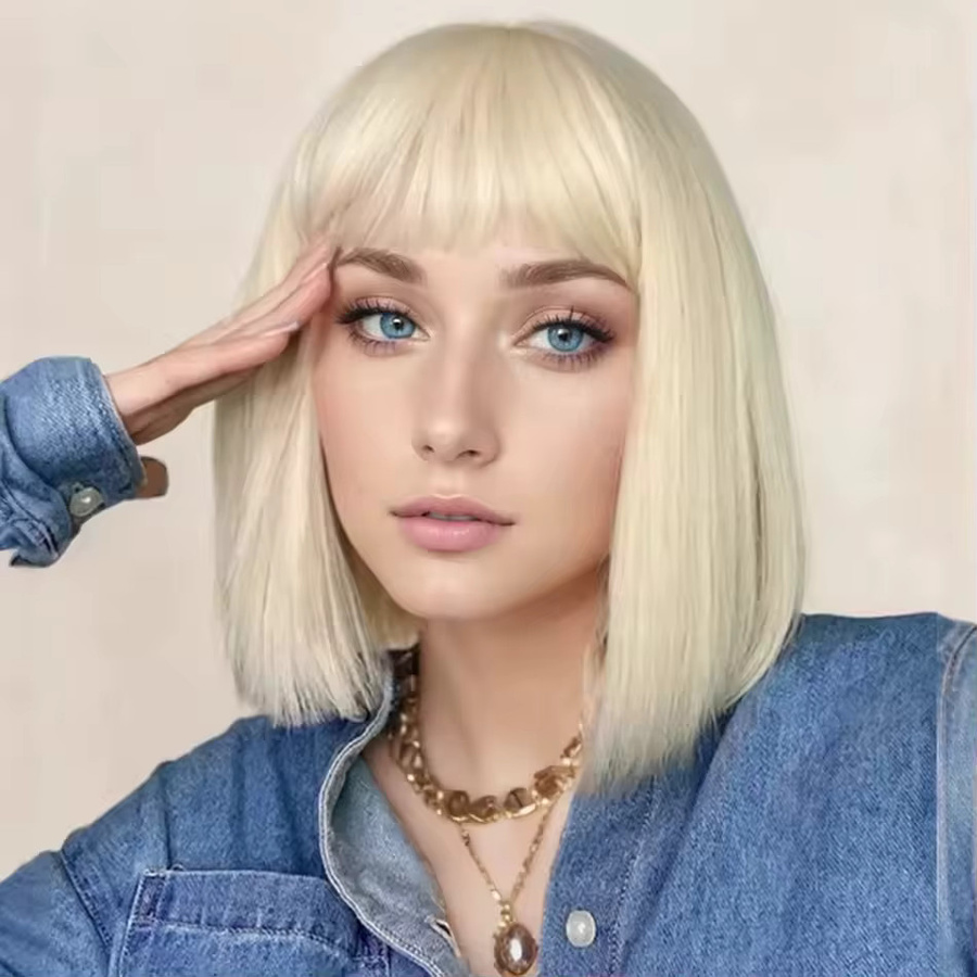 OYM HAIR Bob-Perücke, blonde Echthaar-Perücke, kurz, mit Pony - Bild 2