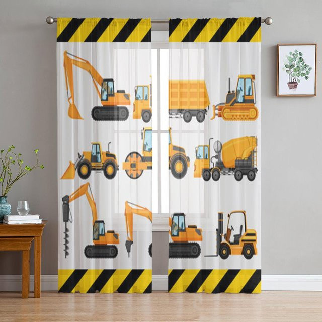 A Family Of Home Textiles Voile Vorhang mit LKW und Bagger Motiv in Gelb, semi-transparent, Breite: 135 cm, Höhe: 213 cm - Bild 1