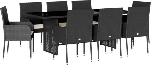 vidaXL 9-teilige Garten-Essgruppe aus Poly Rattan mit Kissen und Hartglas in Schwarz - Bild 1