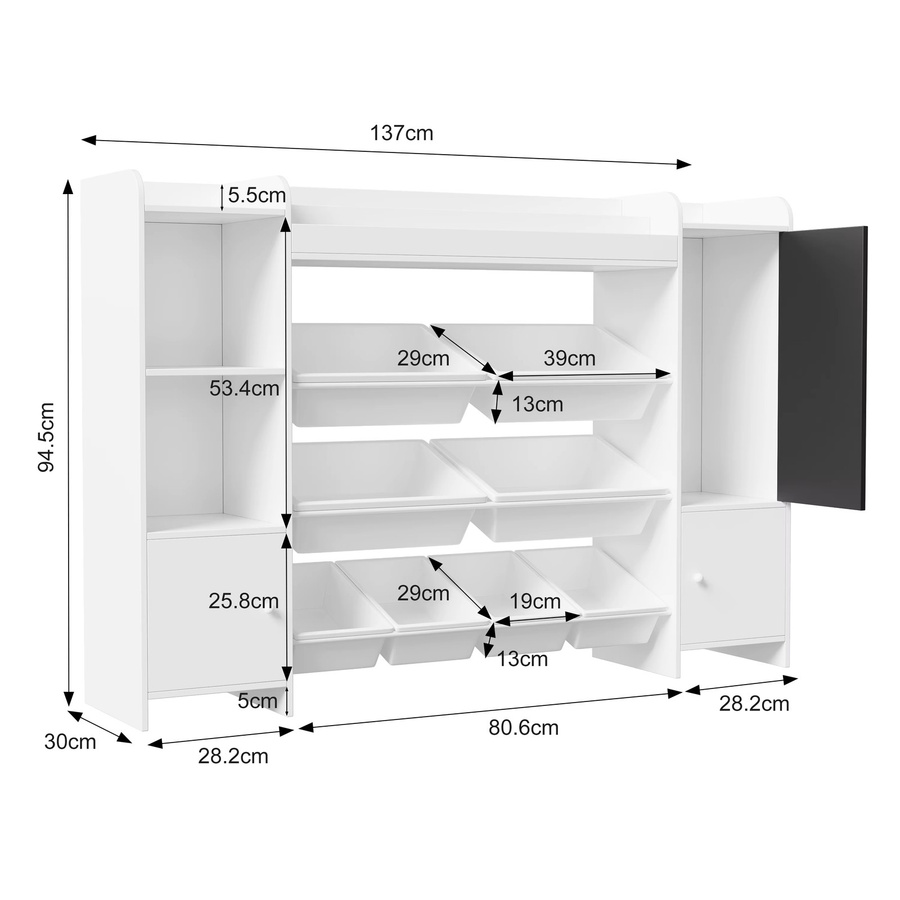 Comanlai Holz-Kinderbücherregal in Weiß mit 8 Boxen, 5 Fächern und Tafel zur Spielzeug-Aufbewahrung, B/T/H: 137 x 30 x 94,5 cm - Bild 3