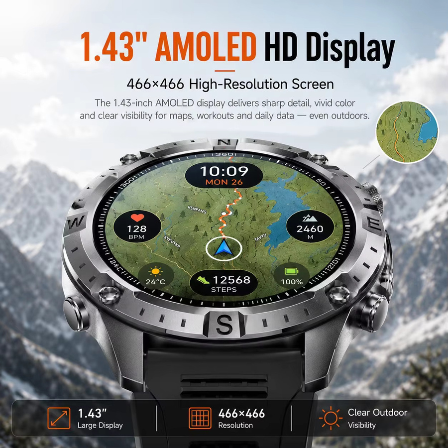 GUHUAVMI Outdoor-Leader Smartwatch für Herren in Schwarz mit 1,43 Zoll AMOLED HD, GPS, Bluetooth-Anruffunktion, Kompass und Taschenlampe, 3ATM wasserdicht - Bild 6