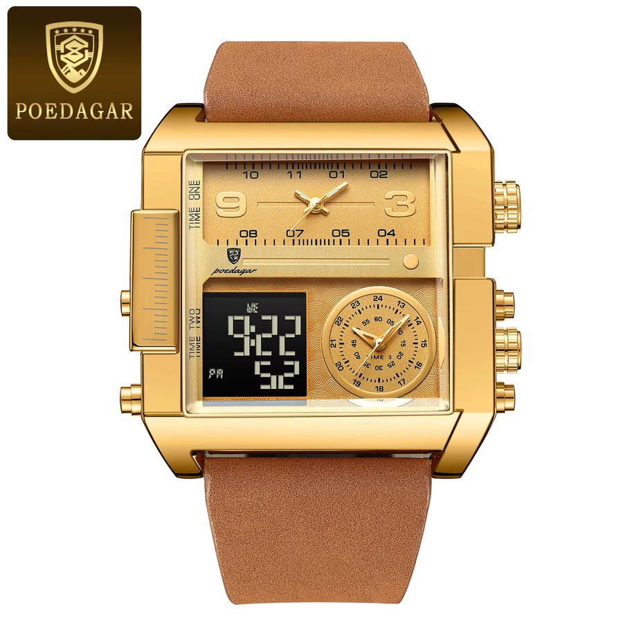 POEDAGAR Digitaluhr, Quarz, Schwarz, Gold, Leder, Herren - Bild 7