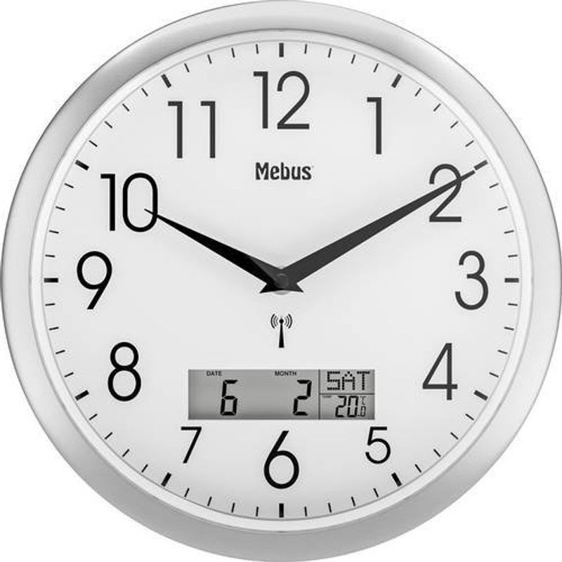 Mebus Funk Wanduhr rund in Silber mit Datumsanzeige und Thermometer, geräuschlos, Durchmesser: 30 cm - Bild 1