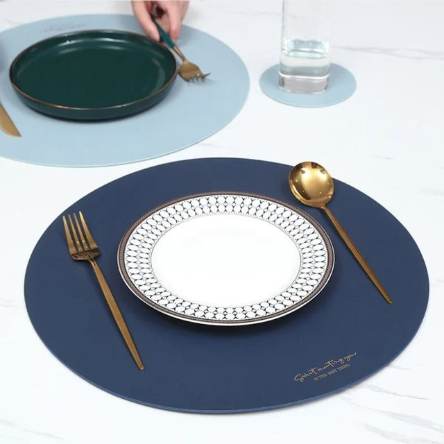 Inyahome Runde Tischsets und Untersetzer aus PU-Leder, Ölbeständig und Wasserdicht, Blau und Grün - Bild 1
