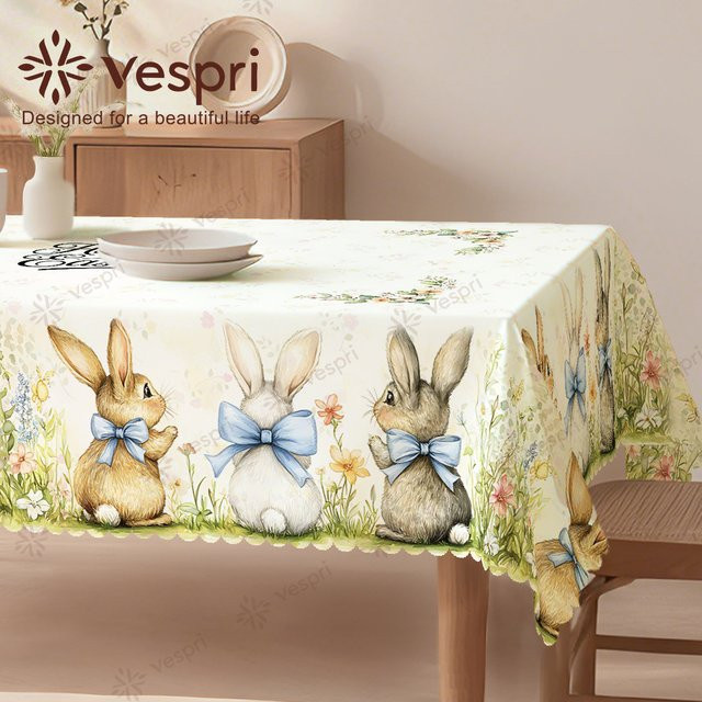 Vespri Oster-Tischdecke Rund in Weiß-Grün mit Blumenmuster aus Polyester für deine Festdekoration Durchmesser: 152,4 cm - Bild 1