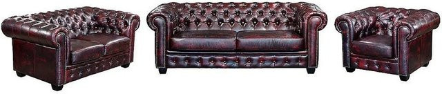 Vente-unique Couchgarnitur Brenton Chesterfield aus Leder in Bordeaux mit 3er-Sofa, 2er-Sofa und Sessel, B/T/H: 201 x 105 x 160 cm - Bild 1