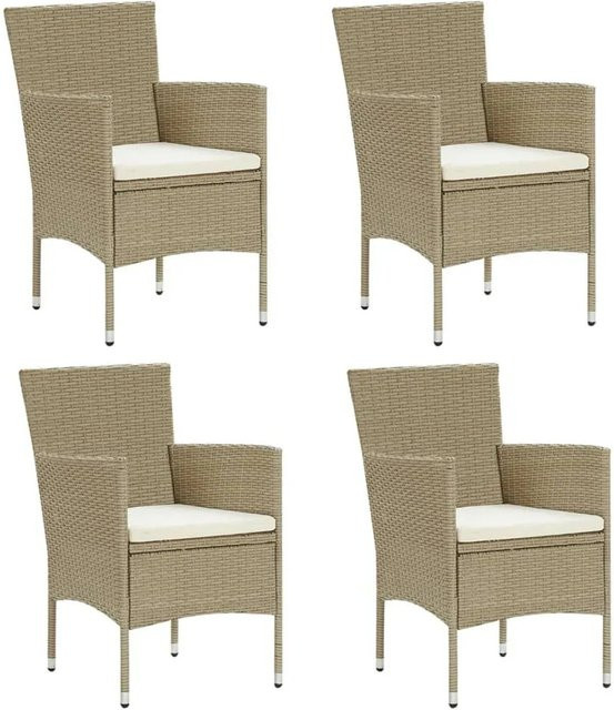 Furnicato Garten-Essstühle Set aus 4 Stück in Beige und Cremeweiß aus Poly Rattan mit Armlehnen und Polsterkissen - Bild 1