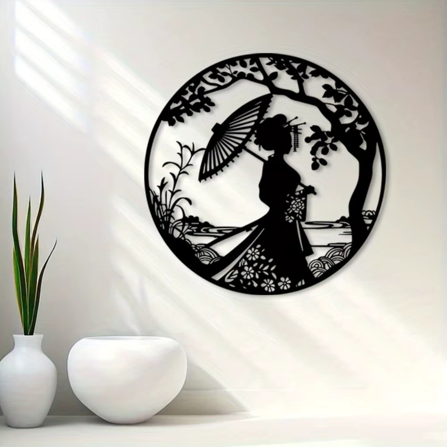 Sakura Geisha Metall-Wandkunst von CIFBUY – Schwarze Japanische Skulptur mit Floralem Portrait-Design - Bild 2