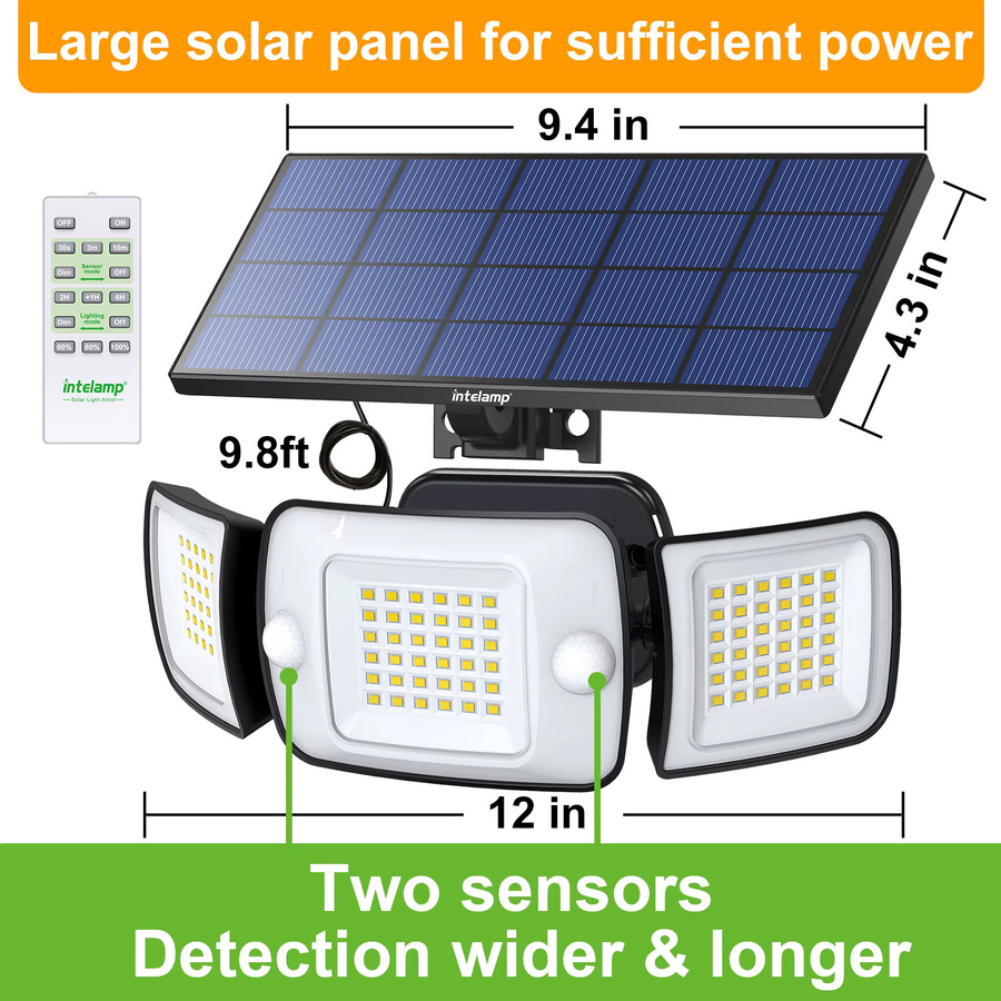 intelamp Solar-LED-Flutlicht mit Bewegungssensor, wasserdichte Outdoor-Solarlampe für Garten und Wandmontage, Schwarz - Bild 2