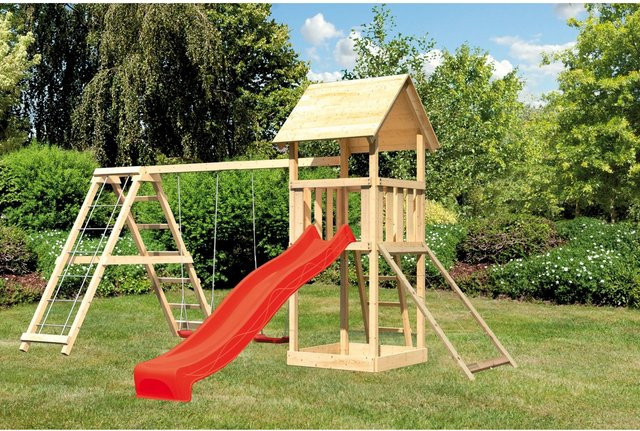 Karibu Spielturm Lotti mit Doppelschaukel, Netzrampe, Klettergerüst und Rutsche in Rot - Bild 1