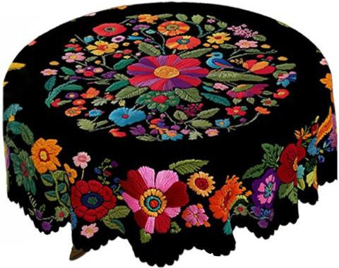 Mexikanische runde Tischdecke mit buntem Blumen-Volkskunst-Muster und Zackensaum, Farbe: Multicolour, Durchmesser: 150 cm - Bild 1