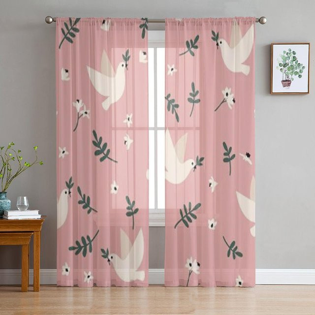 Super Six Transparente Chiffon-Fenstervorhänge mit Tauben und floralem Design, Grau, Breite: 135 cm, Höhe: 114 cm - Bild 1