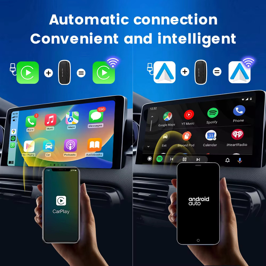 HEYINCAR 2-in-1 Wireless CarPlay und Android Auto Adapter, kabelloser Dongle für USB-C und USB-A, Schwarz - Bild 3