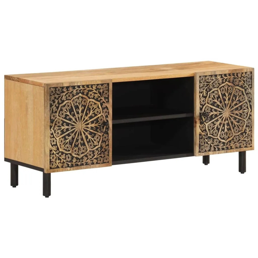 vidaXL TV-Schrank aus massivem Mangoholz im Retro-Stil mit Blumenmuster, Braun, B/T/H: 105 x 33 x 46 cm - Bild 2