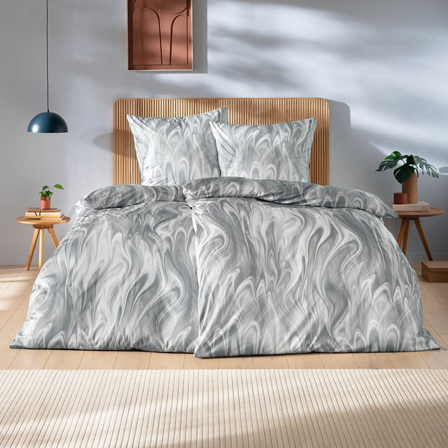Estella Mako Jersey Bettwäsche Klaas Grau Marmor Flammen mit Bettbezug und Kissenbezug, B/H: 135 x 200 cm, Kissen: 80 x 80 cm - Bild 1