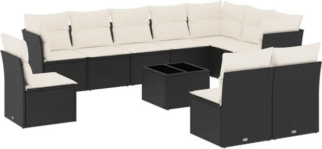 vidaXL 11-teilige Garten-Sofagarnitur in U-Form aus Polyrattan mit Kissen in Schwarz-Creme - Bild 1