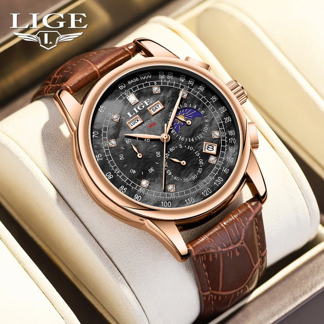 LIGE Chronograph, Leder, Quarz, Herren, Schwarz, Roségold - Bild 1