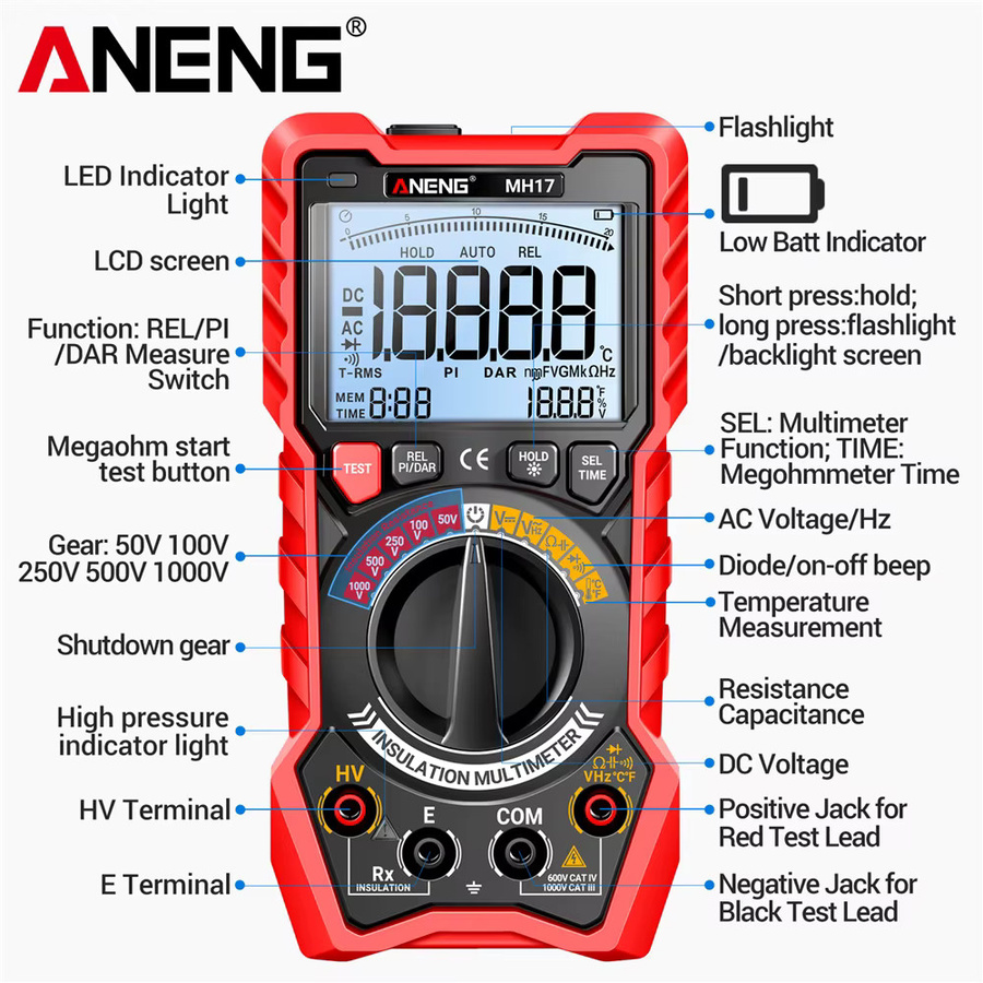 ANENG MH17 Digitales Multimeter und Megohmmeter zur Messung von AC/DC Spannung, Widerstand und Dioden mit 19999 Zählrate - Bild 5
