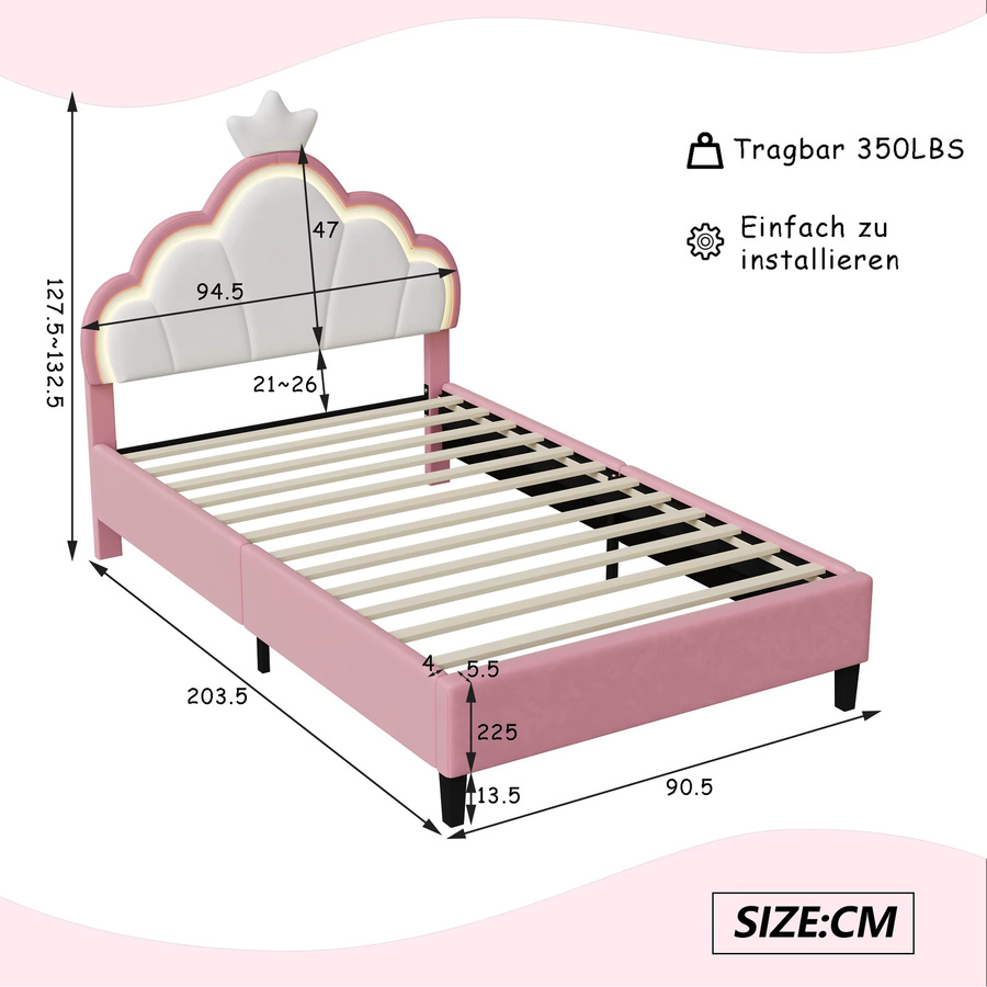 Superaly Polsterbett Einzelbett mit Kronen-Kopfteil aus Samtstoff in Rosa, B/T: 90 x 200 cm - Bild 2