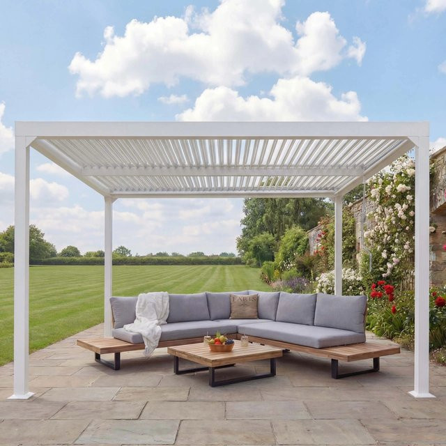 MCW Alu Pergola MCW-L41 Lamellen-Pavillon Terrassenüberdachung mit drehbarem Lamellendach und Handkurbel in Weiß, B: 370 cm, T: 300 cm, H: 224 cm - Bild 1