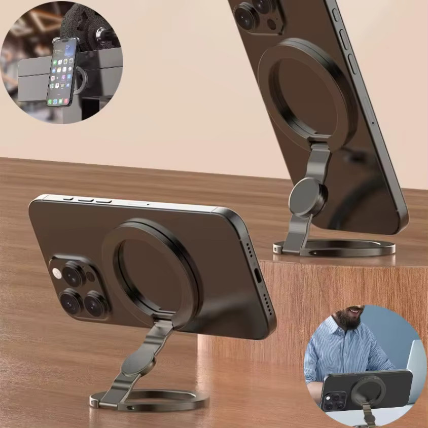 VIKEFON MagSafe-kompatibler magnetischer Handy-Ringhalter in Silber mit Fidget-Spinner-Funktion und faltbarem Dual-Ring-Desktop-Handyständer für iPhone und Samsung - Bild 2