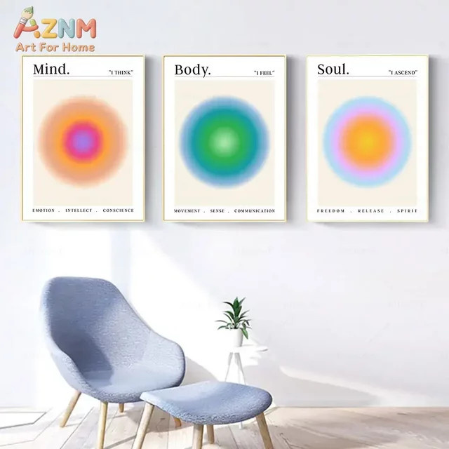 AZNM Mind Body Soul Aura Leinwand-Wandkunst mit spirituellem Typografie-Zitat und minimalistischem Farbverlauf in Multicolour - Bild 1