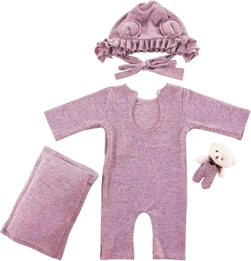 Ylsteed 4-teiliges Fotografie-Set für Neugeborene Mädchen in Lila mit Bären-Motiv, Hut mit Mini-Bär-Puppe und Posing-Kissen - Bild 3