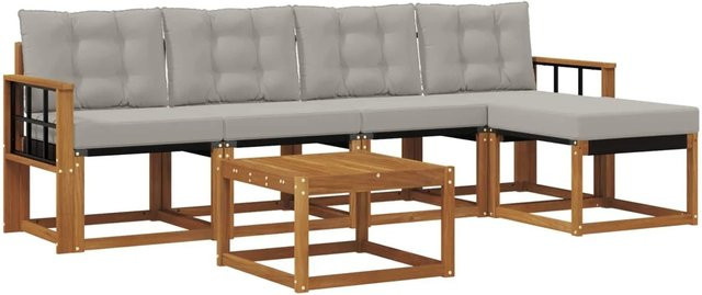 vidaXL Outdoor-Sofagarnitur 6-teilig aus Akazienholz und Textilene in Natur und Hellgrau mit Kissen und Armlehnen - Bild 1