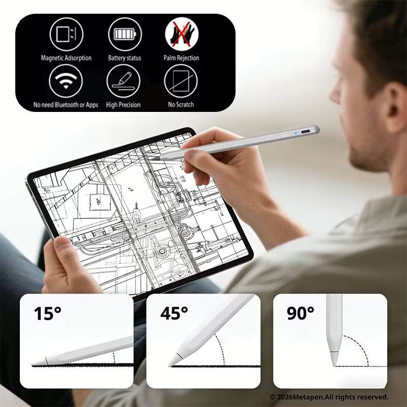 MetaPen Magnetischer Stylus-Stift in Silber mit Handballen-Erkennung und Neigungsempfindlichkeit kompatibel mit Apple Pencil für iPad Pro und Air - Bild 5