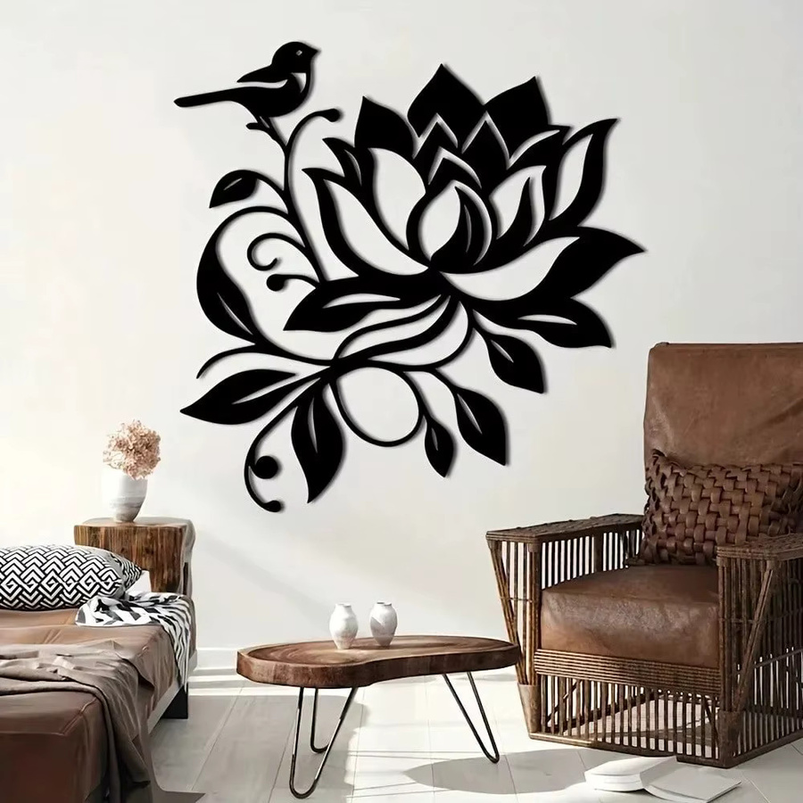 CIFBUY Moderne Wandkunst aus Metall in Schwarz-Weiß mit Lotus- und Vogel-Motiven - Bild 2