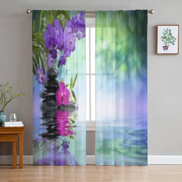 Transparenter Tüll-Fenstervorhänge von Super Six mit violetten Orchideen und schwarzen Steinen, Farbe: Schwarz, Transparent, Violett, Breite: 135 cm, Höhe: 114 cm - Bild 1