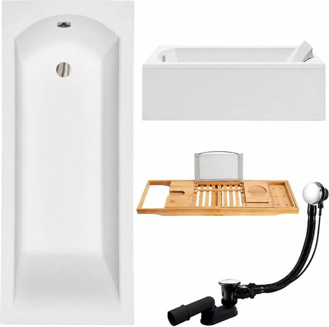 KOLMAN Badewanne rechteckig in Weiß mit Acrylschürze, Bambus-Badewannenablage, Ablauf und Füßen, B/T/H: 180 x 80 cm - Bild 1