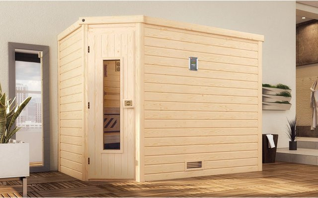 Weka Massivholzsauna Turku aus Fichtenholz mit 3 Sparsets, 7,5 kW BioS Holztür, Farbe: braun, B/H/T: 248 x 205 x 198 cm - Bild 1