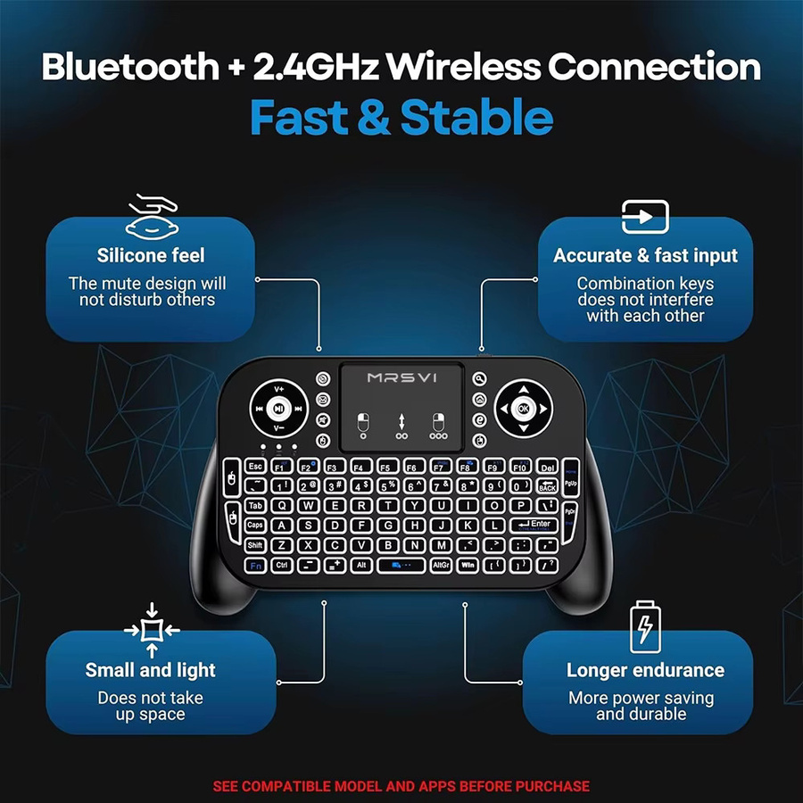 MRSVI V8 Mini-Tastatur mit Bluetooth und 2,4G Air Mouse, Hintergrundbeleuchtetes Touchpad-Combo in Schwarz für Android TV Box, Laptop und Windows OS - Bild 2