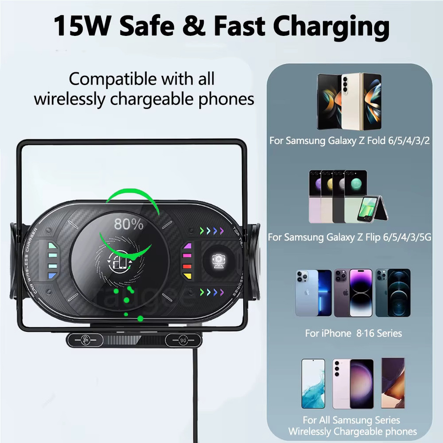 raugee Kabelloses Auto-Ladegerät und Handyhalterung mit klappbarem Bildschirm für Samsung Galaxy Z Fold/Z Flip 6 7, Schwarz, Schnelle kabellose Ladestation für den Lüftungsschlitz - Bild 6